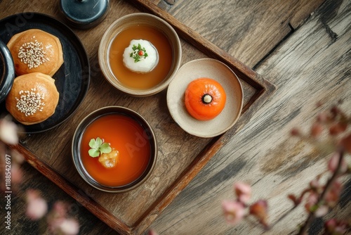 Korean snacks hangwa with sikhye and sujeonggwa a sweet rice drink and persimmon punch photo