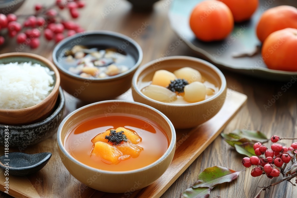 Korean snacks like hangwa with sikhye and sujeonggwa a sweet rice drink and persimmon punch Korean snacks like hangwa with sikhye and sujeonggwa a sweet rice drink and persimmon punch