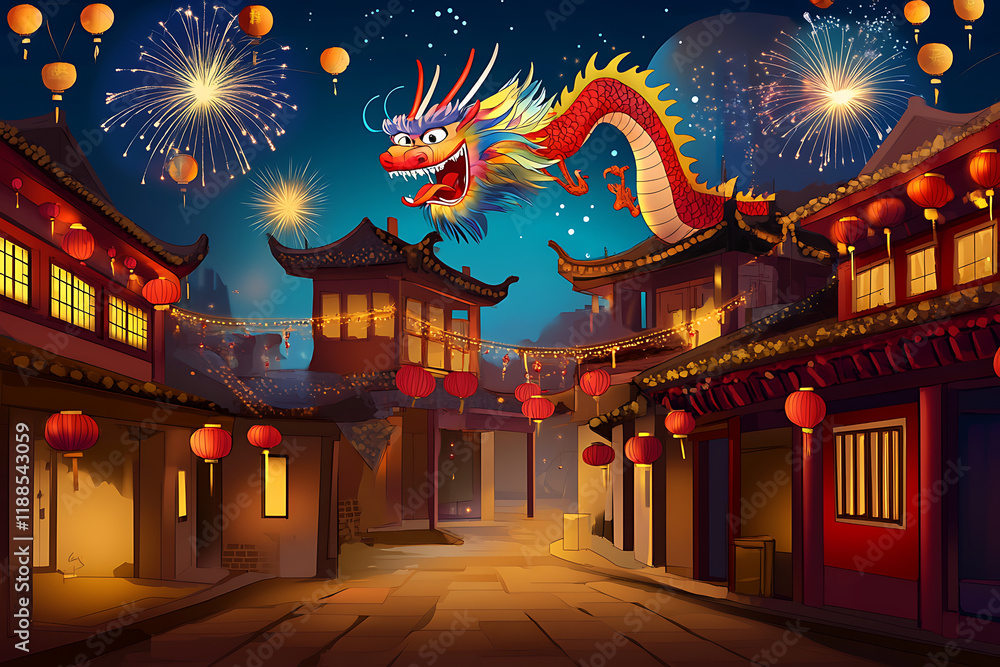 Fototapeta premium A Majestic Dragon Soaring Over a Festive Chinese Street During a Vibrant Nighttime Celebration