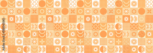 Orange fruit abstract geometric pattern in minimalism style. Natural organic shapes of plants and berries, eco farming. Designer fabric, card, wrapping paper, cover.