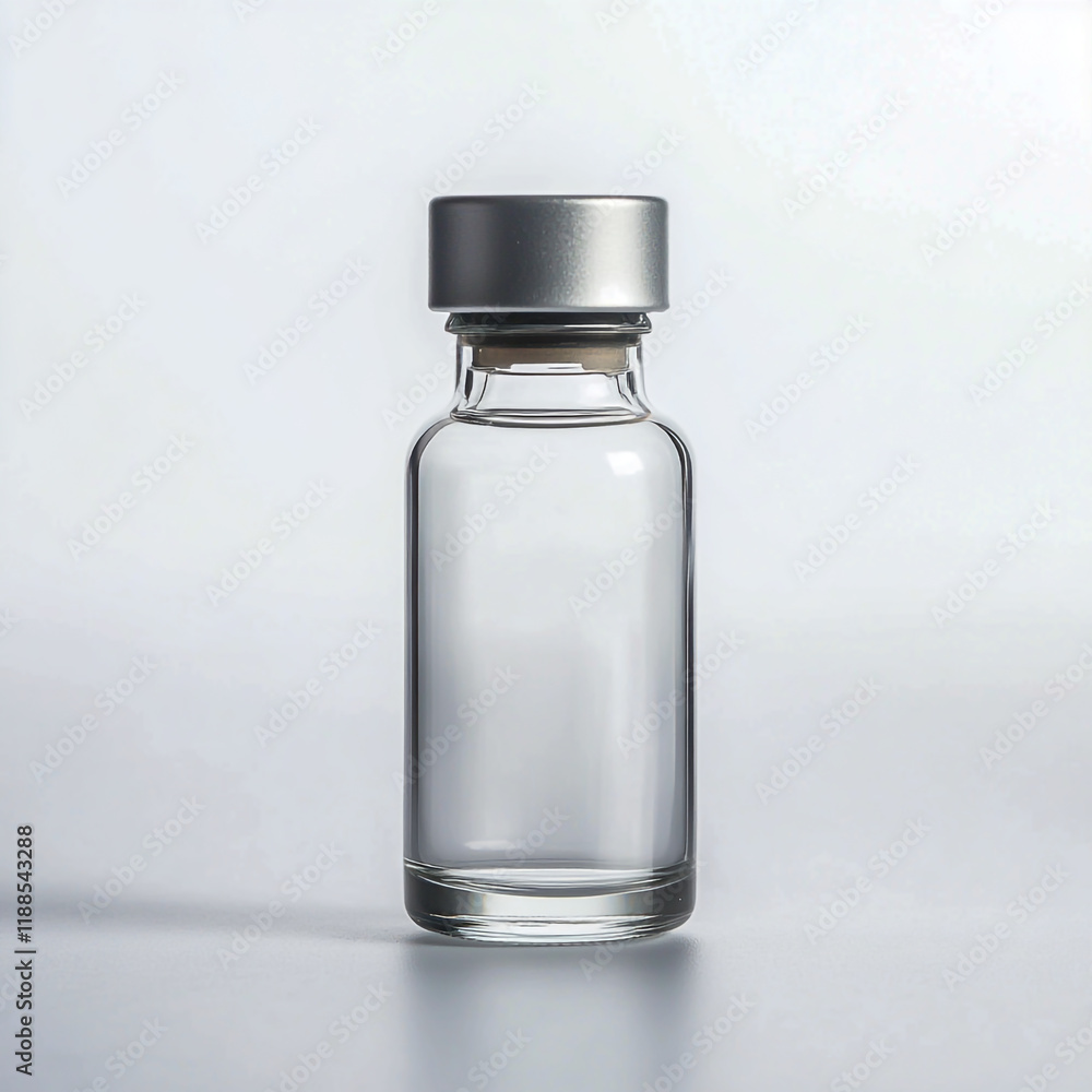 A clear glass vial with a metal cap, size 50 ml, on a white background, A clear glass vial with a metal cap, size 50 ml, on a white background,