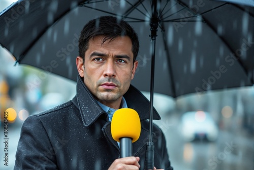 Close-up of journalist holding a yellow microphone under aumbrella during rain. Urban street background. Concept of reporting and weather photo