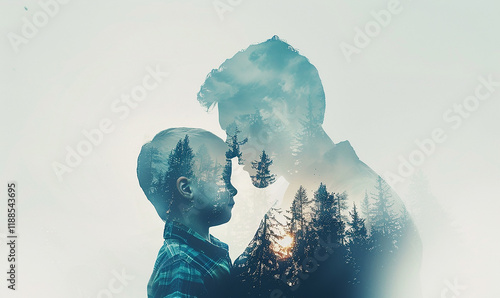 Father's day celebration. father and little son with double exposure graphic design	