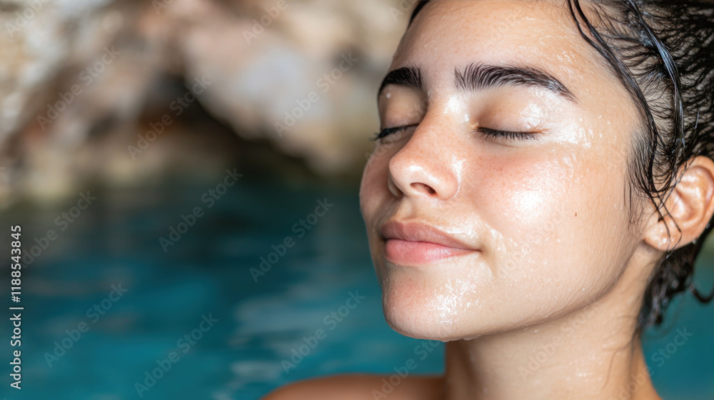 Naklejka premium French woman closed eyes relax enjoy swimming at nature lagoon in jungle