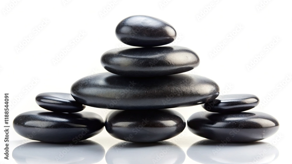 Black zen stones pyramid, minimalist still life against white, embodying meditation, balance, serenity. Black zen stones pyramid, minimalist still life against white, embodying meditation, balance, serenity.