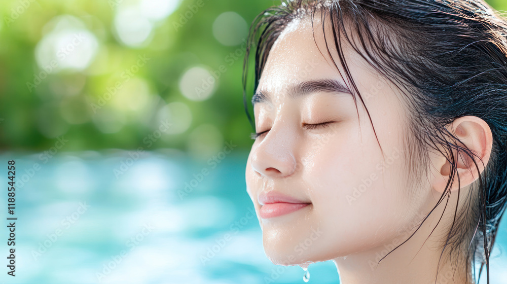 Chinese woman closed eyes relax enjoy swimming at nature lagoon in jungle Chinese woman closed eyes relax enjoy swimming at nature lagoon in jungle