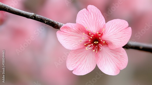 A pink flower on a tree branch with a blurry background
