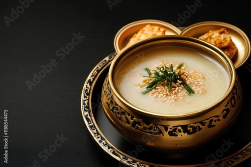 Makgeolli is a traditional Korean fermented rice wine served in a gold bowl with snacks photo