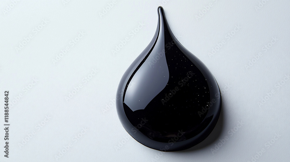 Glittering drop of black oil on a white surface showcasing reflective properties and unique texture details Glittering drop of black oil on a white surface showcasing reflective properties and unique texture details