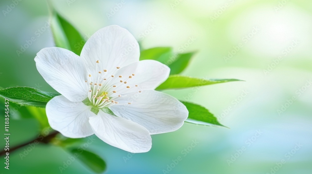 Fototapeta premium A white flower with green leaves on a branch