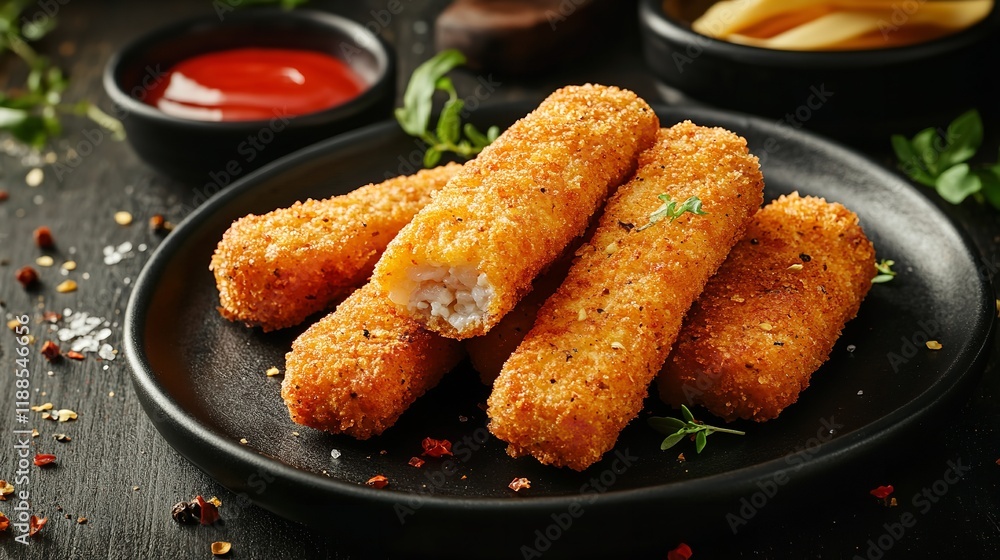 Crumbed fish sticks served with ketchup Crumbed fish sticks served with ketchup