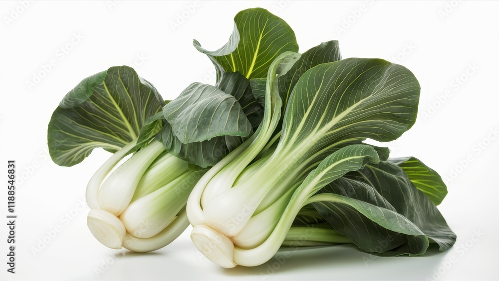 Fresh bok choy, vibrant green leaves, white stems, crisp vegetable, Asian cuisine ingredient, close-up photography, studio lighting, white background, high contrast, organic produce, healthy eating, m Fresh bok choy, vibrant green leaves, white stems, crisp vegetable, Asian cuisine ingredient, close-up photography, studio lighting, white background, high contrast, organic produce, healthy eating, m
