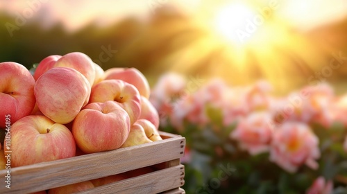 A wooden crate filled with lots of apples sitting on top of a table