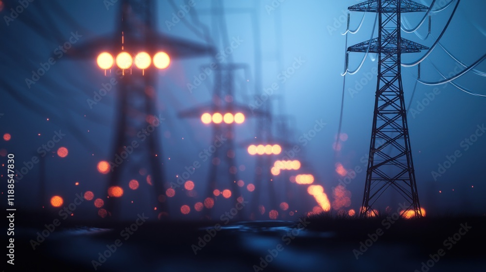 Naklejka premium Night Electricity Transmission Towers