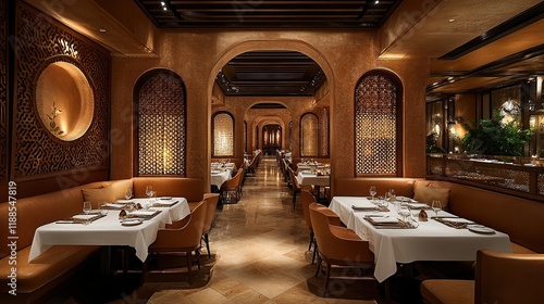  Modern global cuisine restaurant interior featuring multicultural dishes like Greek moussaka, Lebanese tabbouleh, Indian naan bread, and Korean kimchi served in a chic setting.