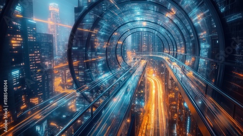 Futuristic cityscape at night. Urban innovation shines through advanced infrastructure. Neon lights illuminate city landscape. High-speed traffic streaking across roads in long exposure shot.
