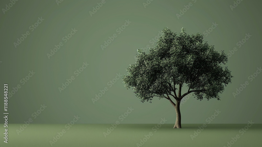 A single tree with green leaves stands alone in a green field against a green background. A single tree with green leaves stands alone in a green field against a green background.
