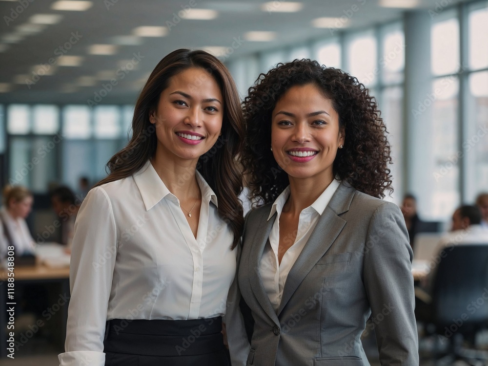Obraz premium Asian and Black professional women standing confidently in modern corporate office setting