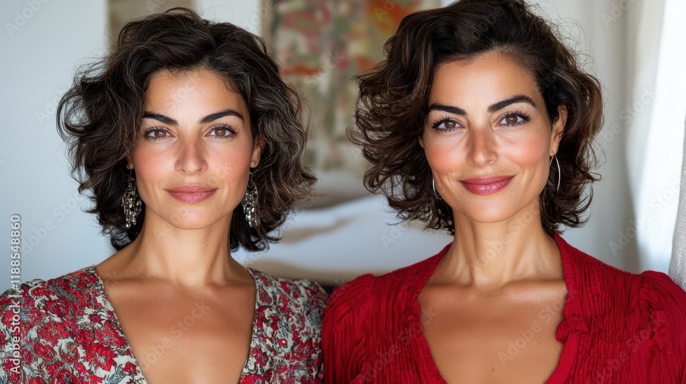 Fototapeta premium Two women standing next to each other in a room