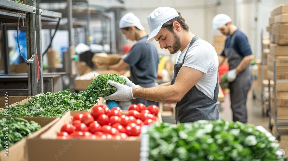 Harvesting Fresh Produce: Workers Carefully Sort and Pack Tomatoes and Greens in a Modern Warehouse Setting Harvesting Fresh Produce: Workers Carefully Sort and Pack Tomatoes and Greens in a Modern Warehouse Setting