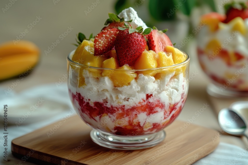 Mango vanilla and strawberry flavored shaved ice Mango vanilla and strawberry flavored shaved ice