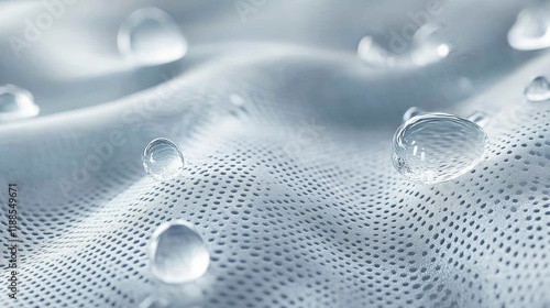 Vector 3D illustration depicting water droplets on perforated spun bond synthetic fiber nonwoven fabric, demonstrating its waterproof properties and support for cooling while reflecting heat. photo