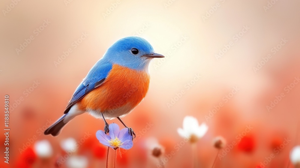 A small blue bird sitting on top of a flower A small blue bird sitting on top of a flower