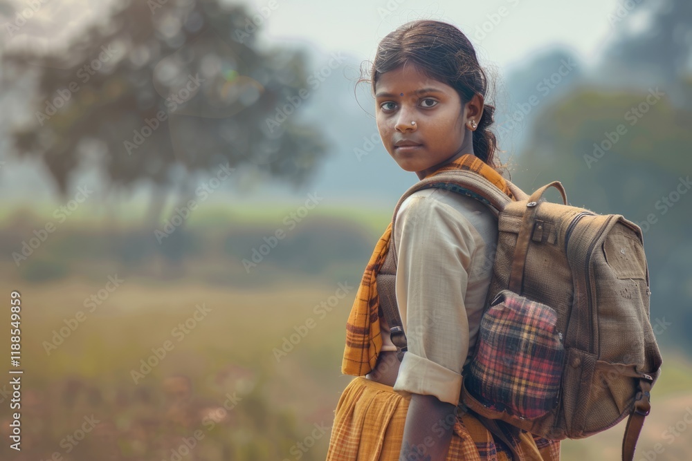 Confident rural Indian school girl standing with backpack Confident rural Indian school girl standing with backpack