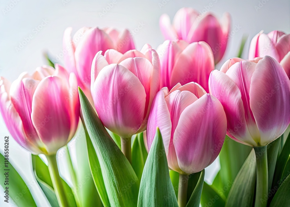 Fototapeta premium Delicate pink tulips bloom softly against a minimalist white backdrop, bathed in low light.