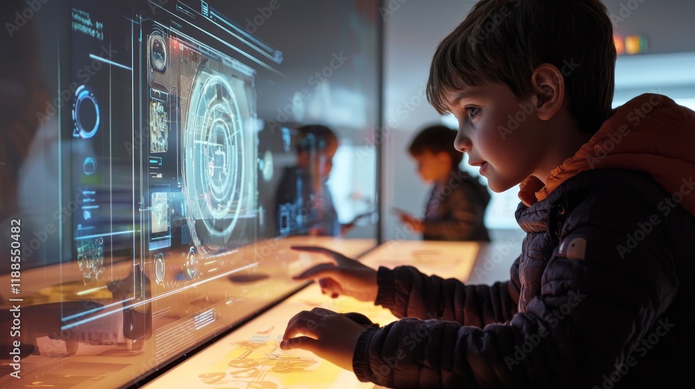 Fototapeta premium Young Boy Interacting with Futuristic Interactive Display