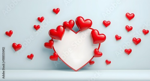 Sky blue background with a central white heart with copy space and vibrant red hearts  photo