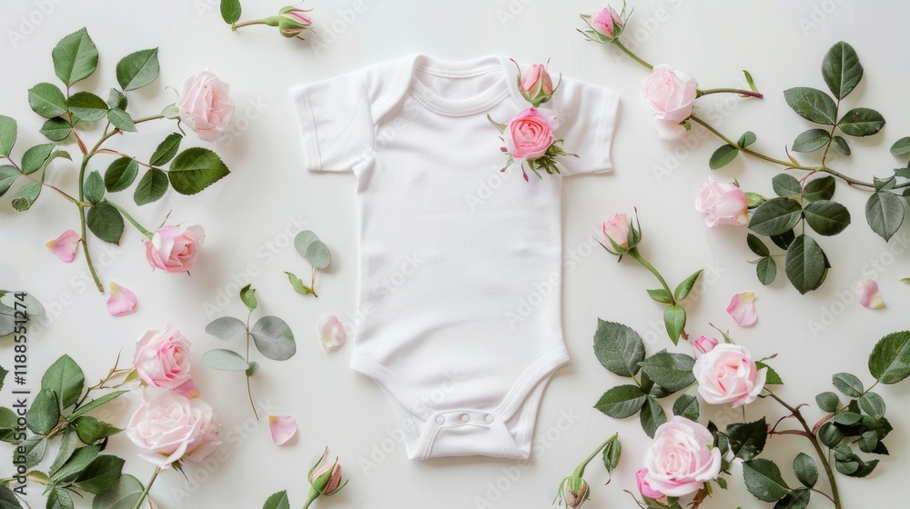 Baby Bodysuit with Pink Roses: A Delicate Flat Lay Baby Bodysuit with Pink Roses: A Delicate Flat Lay