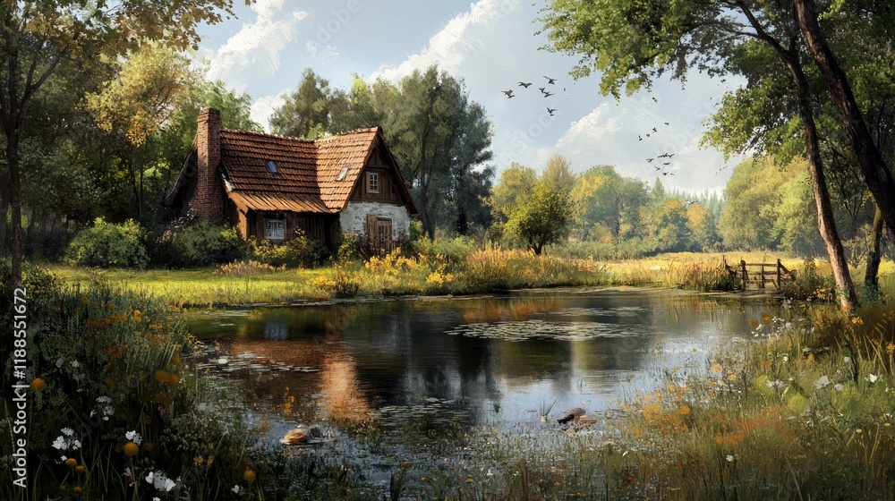 Old house in the countryside, oil paintings landscape with a pond and a house, fine art Old house in the countryside, oil paintings landscape with a pond and a house, fine art