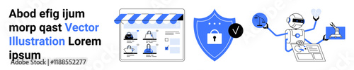 E-commerce website interface with shopping icons, security shield with a checkmark, and robot assistant multitasking. Ideal for e-commerce, online shopping, cybersecurity, automation, AI, tech