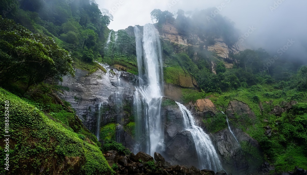Majestic waterfall cascading down lush green mountainside in foggy rainforest