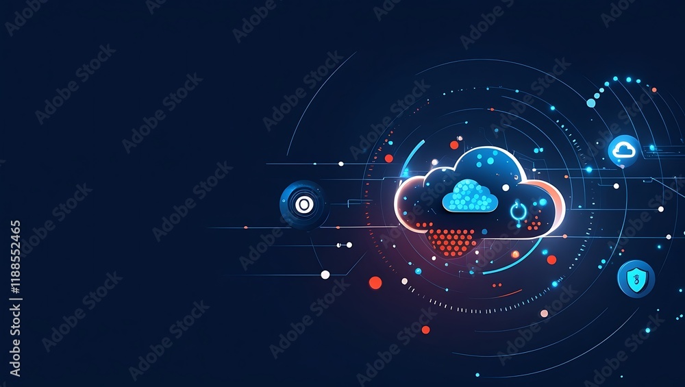 Obraz premium Cloud Computing Technology Concept – Database Transfer to Cloud with Prominent Cloud Icon and Abstract World Design,futuristic cloud computing, cloud storage technology, abstract technology background