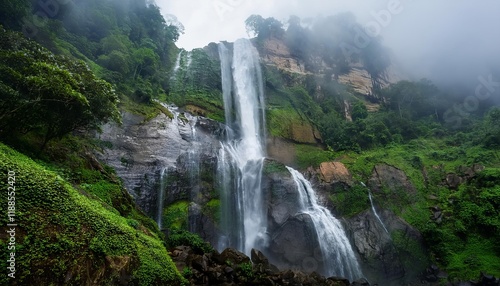 Majestic waterfall cascading down lush green mountainside in foggy rainforest
