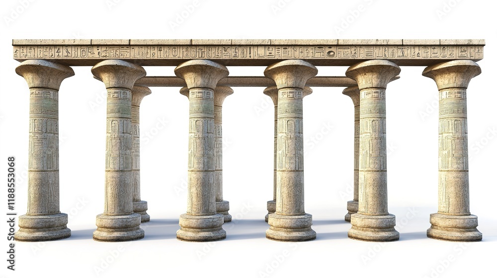 Fototapeta premium Ancient Egyptian Pillars Full Front View Cinematic Style on White Background