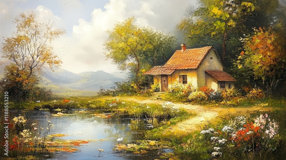 Fototapeta premium Old house in the countryside, oil paintings landscape with a pond and a house, fine art