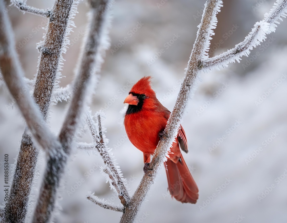 Northern cardinal perching on frost covered branch in winter Northern cardinal perching on frost covered branch in winter