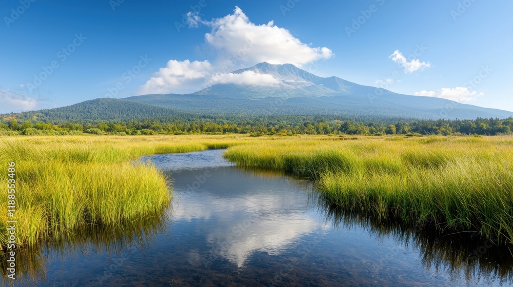 A small pond in the middle of a grassy field with a mountain in the background A small pond in the middle of a grassy field with a mountain in the background