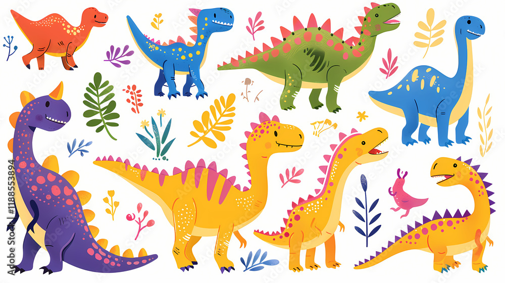 Fototapeta premium Colorful illustrations of cartoon dinosaurs surrounded by tropical plants in a playful design. Generative AI