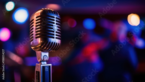vintage microphone, stage spotlight, bokeh lights, night club atmosphere, retro music performance, full moon, vibrant colors, nostalgic ambiance, close-up shot, metallic texture, audio equipment, live