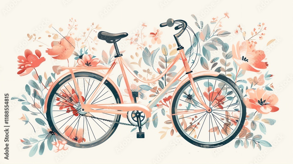 Fototapeta premium An illustrated bicycle surrounded by flowers on a light background.