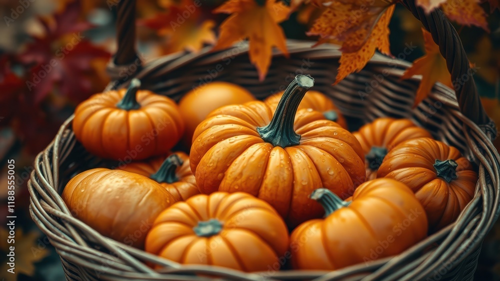 Autumn harvest a wicker basket brimming with plump, vibrant orange pumpkins, glistening with dew, nestled amongst autumn leaves. Autumn harvest a wicker basket brimming with plump, vibrant orange pumpkins, glistening with dew, nestled amongst autumn leaves.
