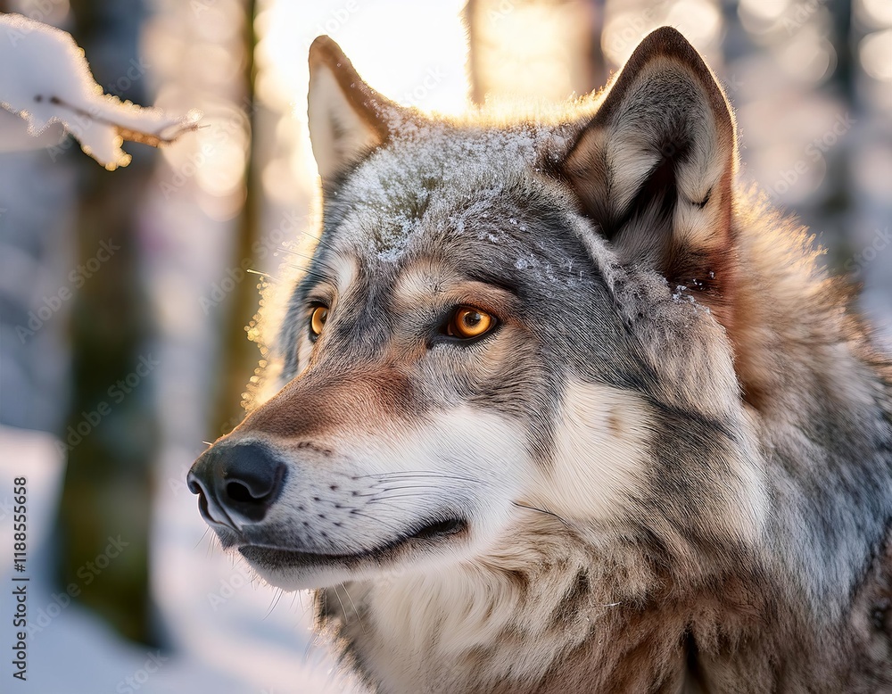 Fototapeta premium Majestic wolf enjoying winter sunset in snowy forest