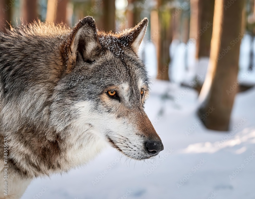 Fototapeta premium Gray wolf looking away in snowy forest during sunset