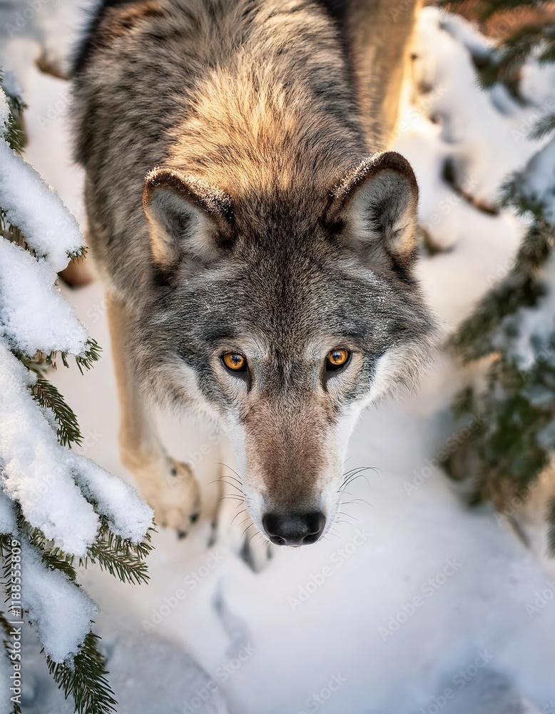 Fototapeta premium Eurasian wolf walking in the snow, looking forward under pine branches