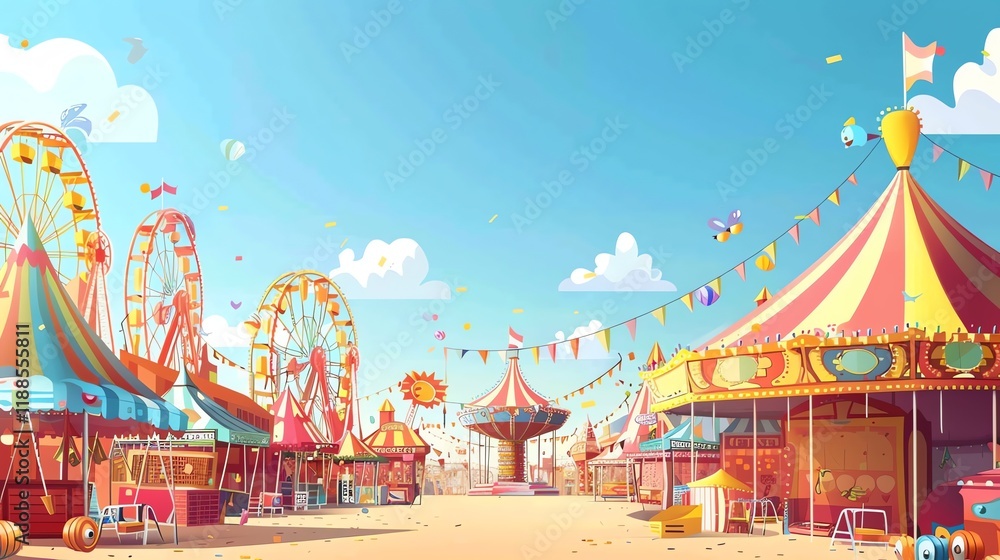 A colorful illustration of a carnival with tents and rides. A colorful illustration of a carnival with tents and rides.
