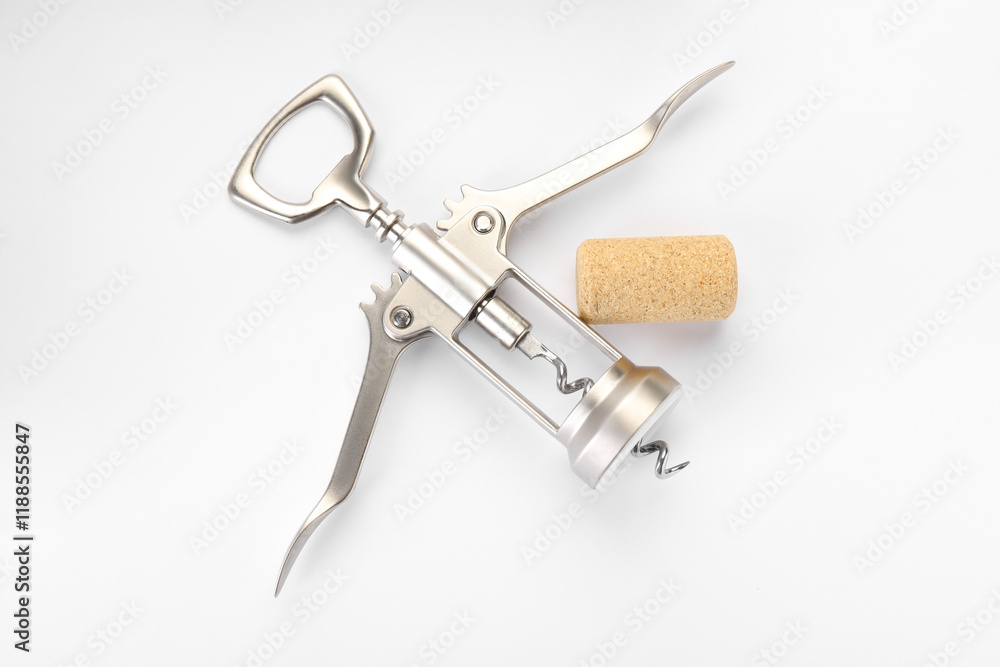 Wing corkscrew and cork on white background, top view Wing corkscrew and cork on white background, top view